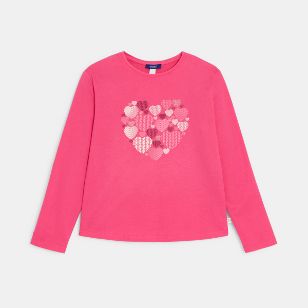 تيشرت بأكمام طويلة، باللون الوردي ومُزيَّن برسمة قلب، للفتيات